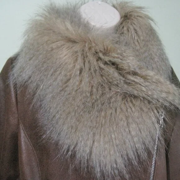 Hawke & Co Penny Lane Faux Vegan Leather Fur Trim Liner Brown Jacket Size L Boho - Picture 4 of 8